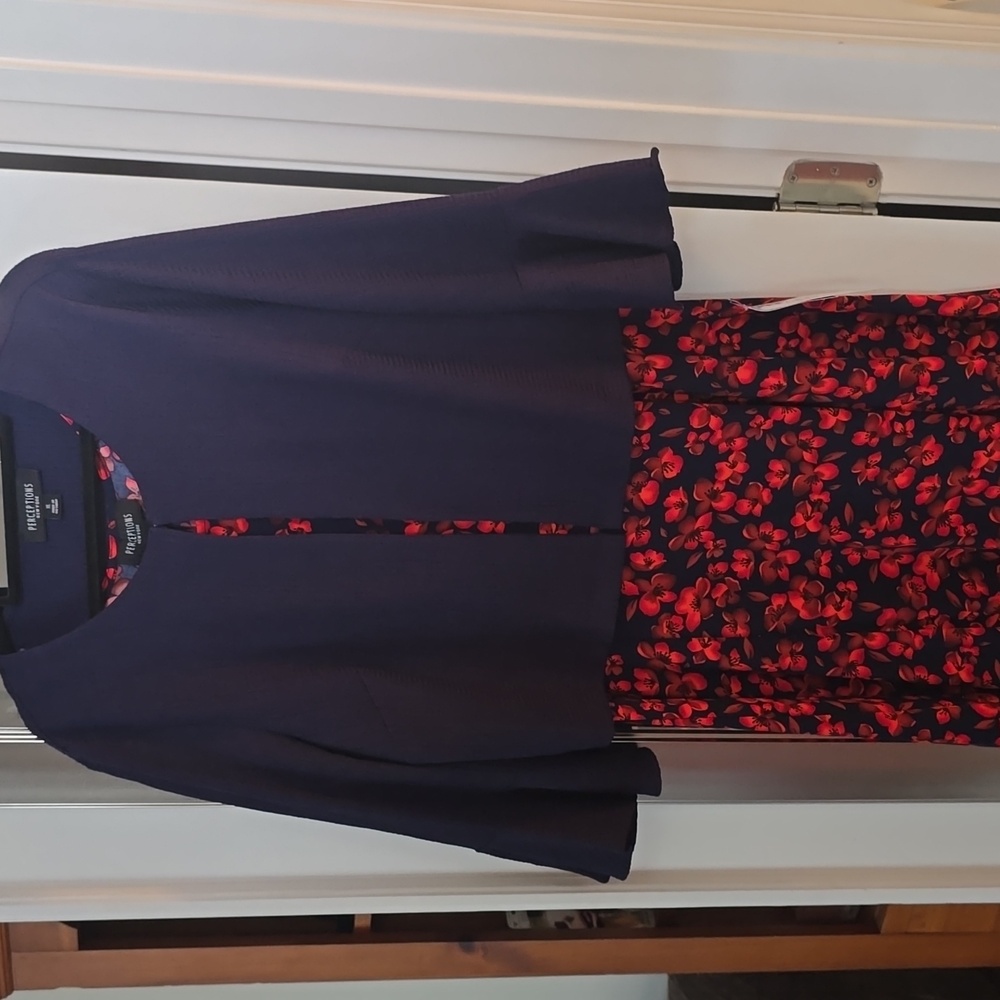 PERCEPTIONS NEW YORK BRAND WOMENS BLUE & RED SLEEVELESS DRESS WITH SHRUG SIZE XL